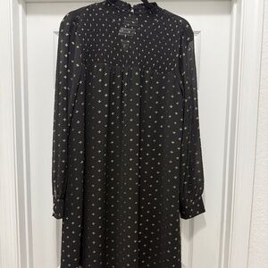 Black Gold Foil‎ Floral Smocked High Neck Long Sleeve Mini Shift Dress